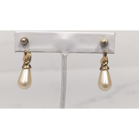 Vintage Carolee Earrings Faux Pearl Dangle Drop Gold Tone Pierced - Picture 6 of 14